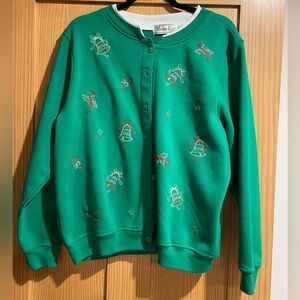 Malarkey VTG Ugly Christmas Sweater Cardigan Green Embroidered Button Up Large